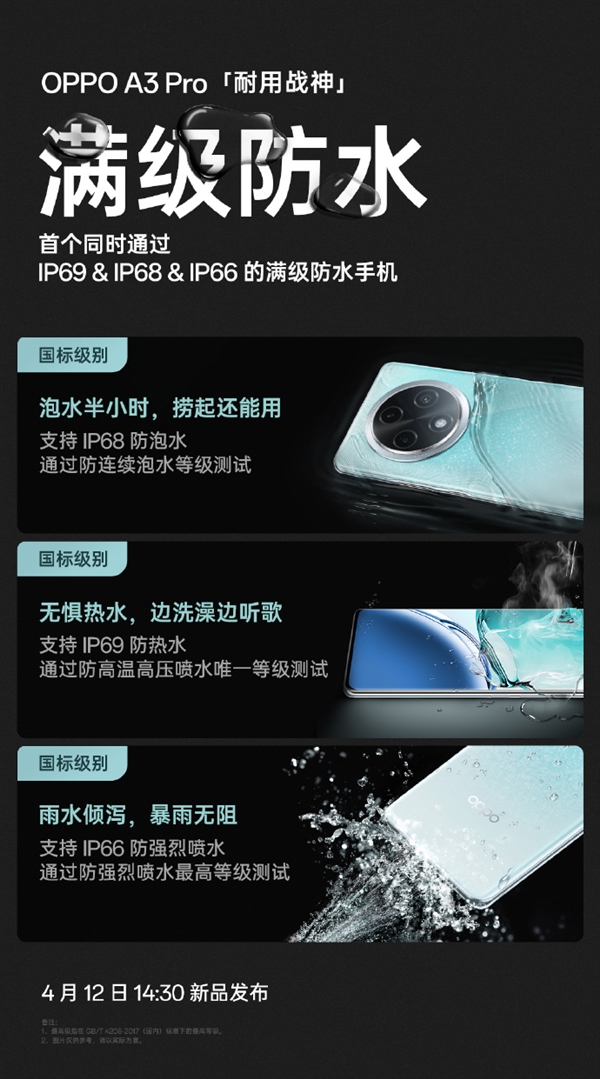 OPPO A3 Pro明天發(fā)布！業(yè)內(nèi)首款防熱水、防泡水、防強(qiáng)烈噴水手機(jī)
