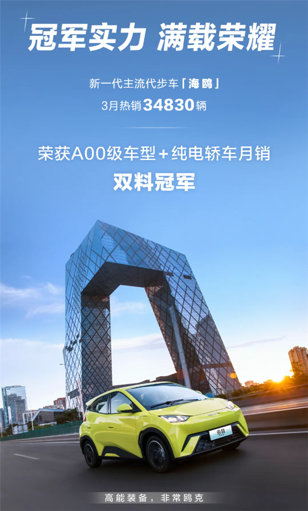 代步神車成了！比亞迪海鷗奪A00級車型+純電轎車月銷冠軍