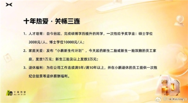 小鵬汽車推多項員工福利:生孩子多獎錢也多 退休給股票