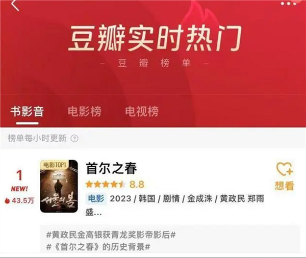 《首爾之春》登頂豆瓣實時熱門 眾多網友喊話要重溫韓國經典電影