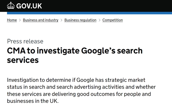 第一劍砍向谷歌！英國監管機構正在評估其是否具有戰略市場地位